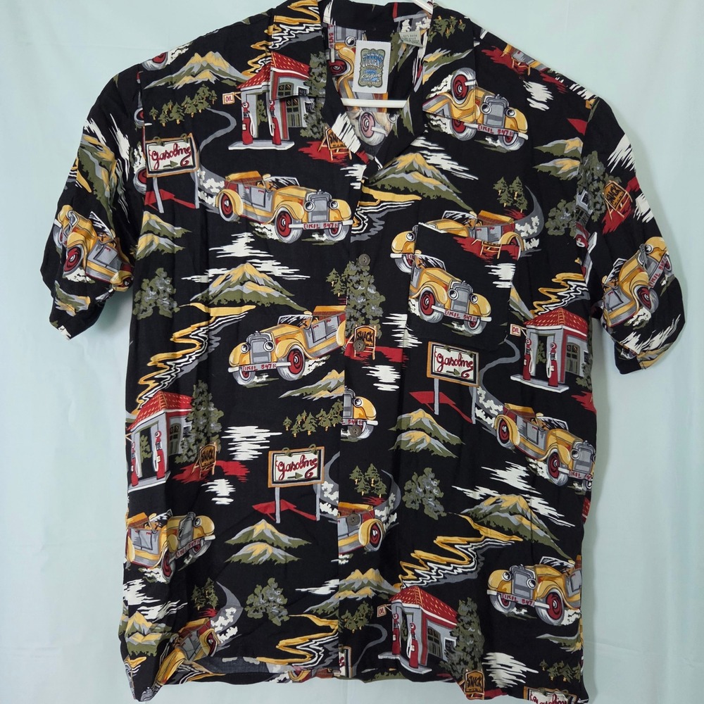 Ocean Current Vintage Mens Large Rayon Button Down Shirt Retro Car Gas Station